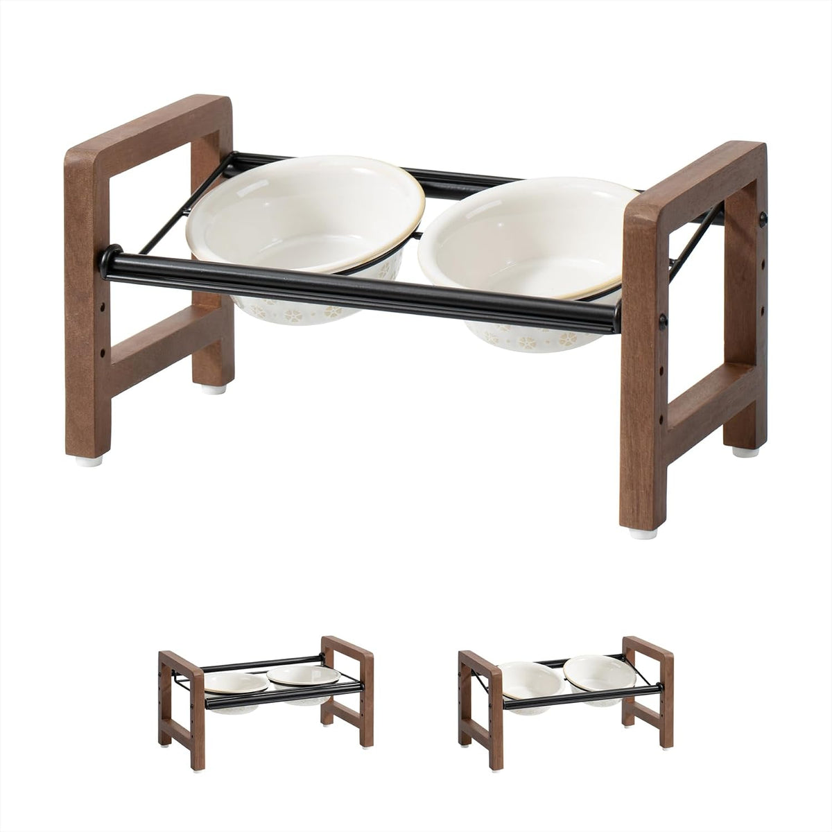 6.3inch Ceramic Adjustable Raised Double Bowls Set with Stand  3 Heights Elevated  2 Placement Options Food and Water Bowls for Adult Cat Small and Medium Dog(Reactived Glaze -White)