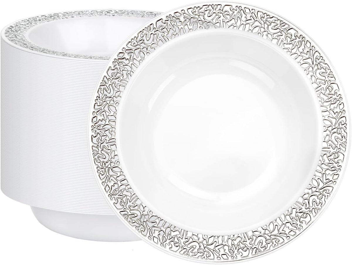 I00000 100 Silver Plastic Bowls  12 oz Disposable Bowls  Premium Disposable Heavy Duty Plastic Bowl for Birthday  Wedding & Party